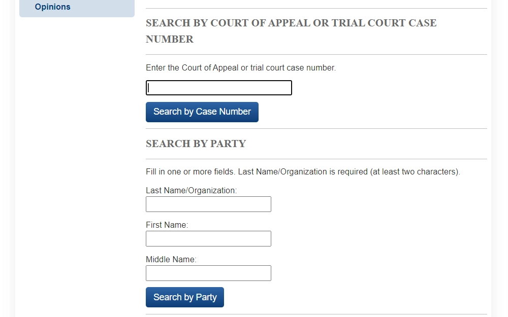 A screenshot shows the two available options to search cases in San Diego County; Search by "case number" and "party"; to search by case number searcher has to input the trial court case number, while to search by party searcher has to input the full name or party involved.