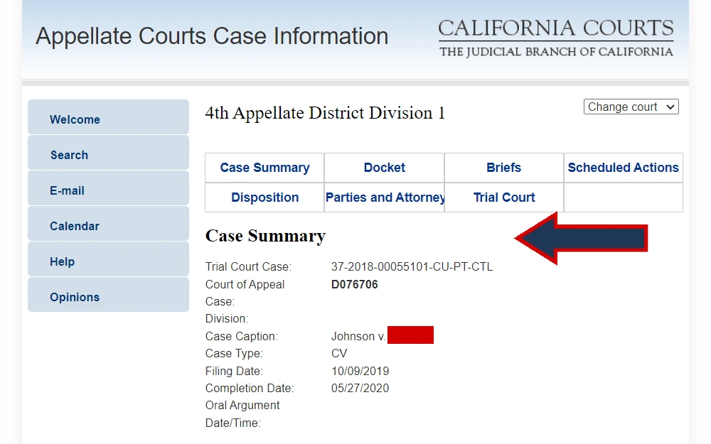 A screenshot displays the case summary, including the trial court case number, case caption, type, filing date, and completion date from the California Courts' page.