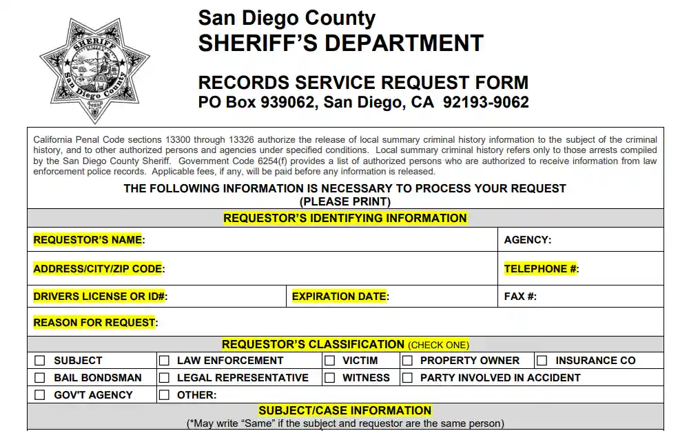 A screenshot taken from San Diego Sheriff's Department displays the records service request form with its required fields, which include the requester information: full name, address, ID (with expiration date), the reason for the request, and contact number, and must specify the requestor's classification from a checkbox; the sheriff's department logo at the top left corner.