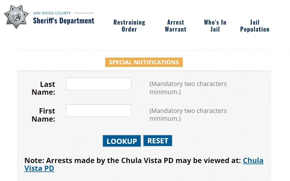 A screenshot of the San Diego Sheriff's Department's offender search page; to search, the user must input the offender's last name and first name (minimum of two characters required); at the bottom of the page, there are options to either look up or reset the search; the Department's logo is located at the top left corner of the page.