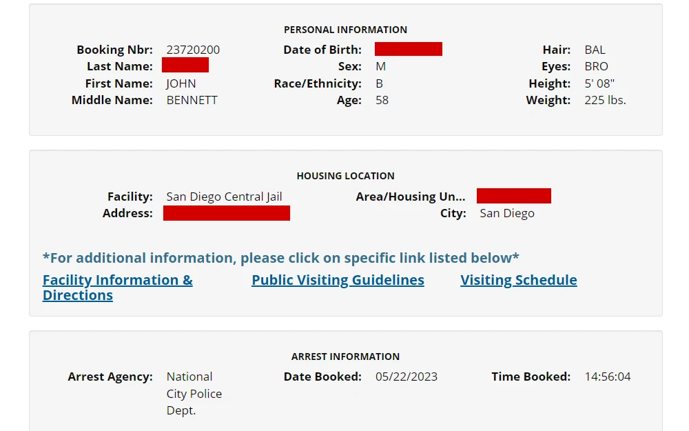 A screenshot of the result from an offender lookup from the San Diego County Sheriff's Department displays the inmate's details, which include their booking number, full name, DOB, physical characteristics, address, and case information.