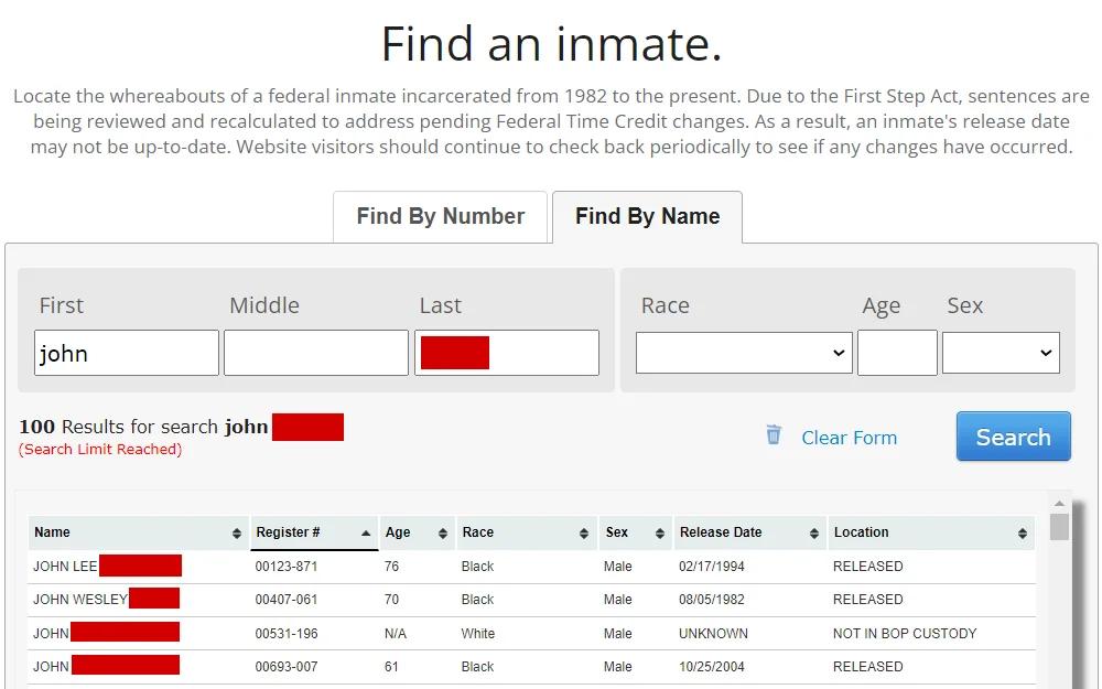 A screenshot of the result from an inmate search on the Federal Bureau of Prisons page shows the list of offenders with their full name, register number, age, race, sex, release date, and location.