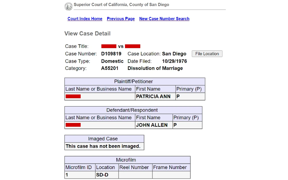 A screenshot from the Superior Court of California showing details of a case, including the case title, number, type, and involved parties, with a notice that the case has not been converted to an image.