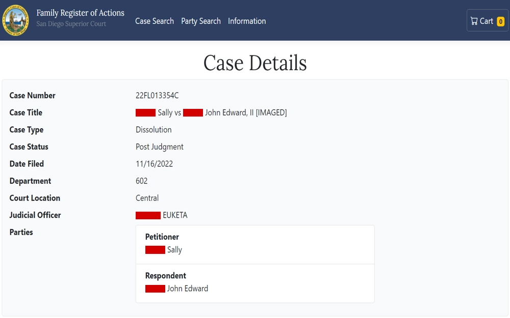 A screenshot from the San Diego Superior Court displaying a case summary, including case number, title, type, status, filing date, court department, and the presiding judicial officer.