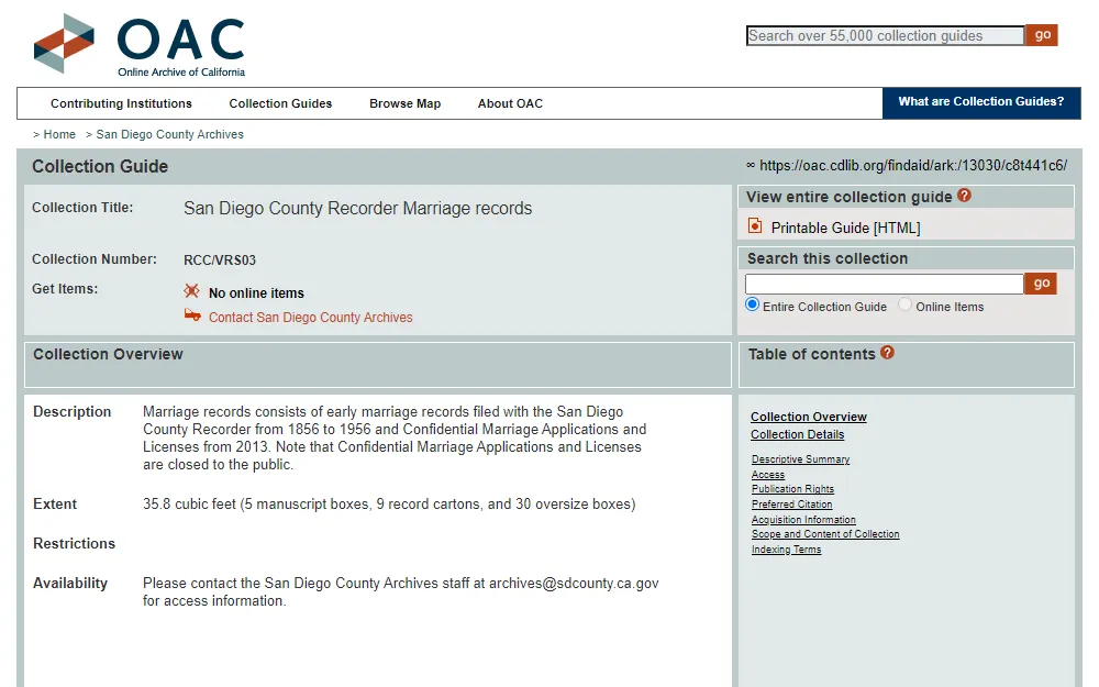 A screenshot of the marriage records available under San Diego County from the online archives collection of California, showing the collection title, collection number, how to get the items, and collection overview including description, extent, restrictions, and availability, with the side panels containing the table of contents and a search bar.