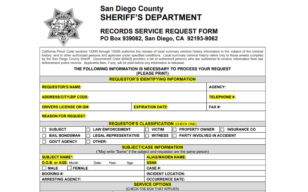A screenshot showing a records service request form of the San Diego County Sheriff’s Department that must be filled out with information such as the requestor's name, address including city and zip code, driver's license or ID number, expiration date, and reason for the request.