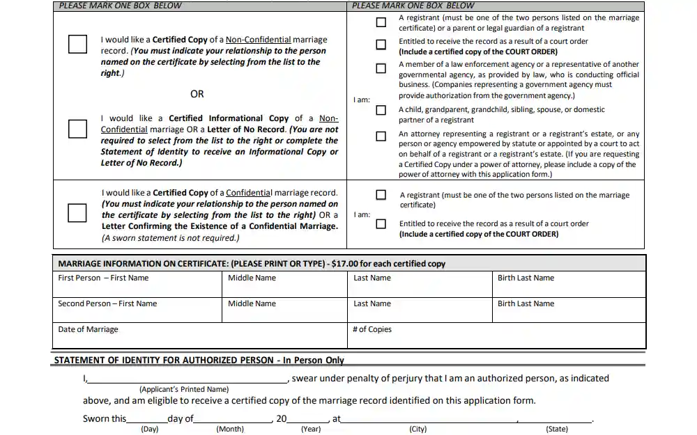 Screenshot of a part of the application for marriage certificate from the San Diego County Clerk-Recorder, showing check box options for reason for request and party type, and fields requiring the names of both parties, date of marriage, number of copies, and the statement of identity for authorization.