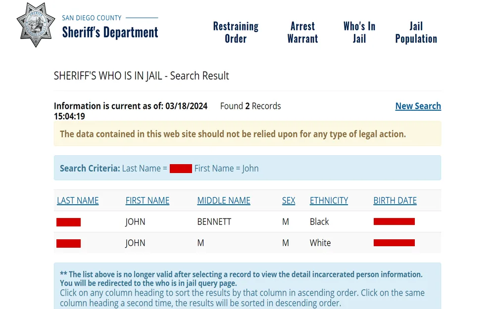 A screenshot from the San Diego County Sheriff’s Department detailing first and last names, including their middle names, sex, ethnicity, and birth dates.