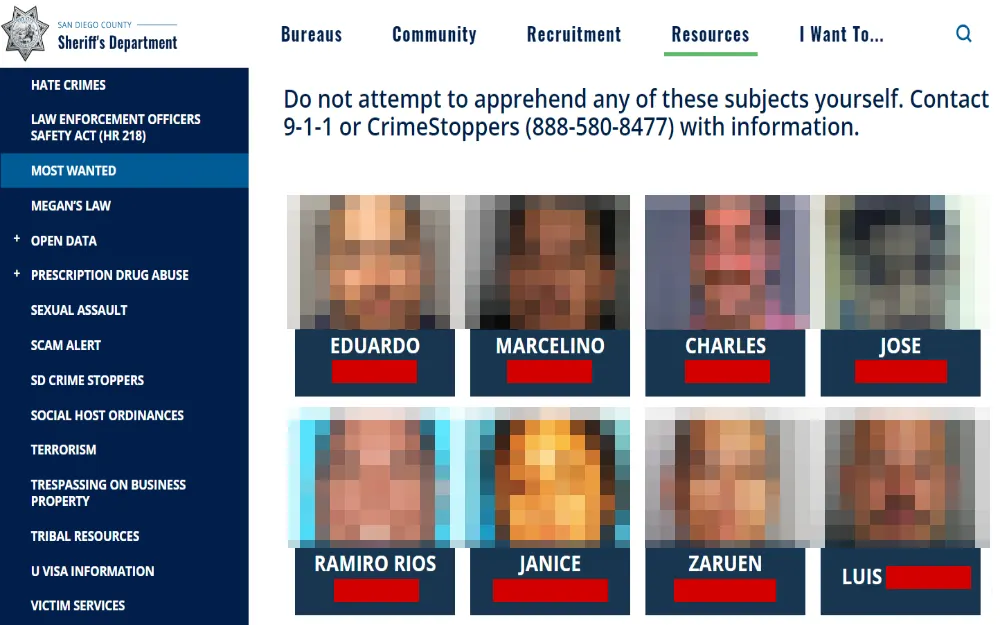 A screenshot displaying the San Diego Sheriff's Department Most Wanted list showing a mugshot photo, full name and the contact information to reach out for apprehend attempt.