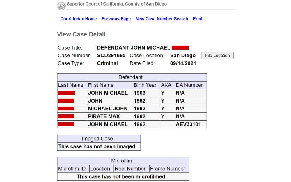 A screenshot from the San Diego County Superior Court detailing a case title, number, location, filing date, and a table with information about the defendants, such as last name, first name, birth year, and alternate aliases.