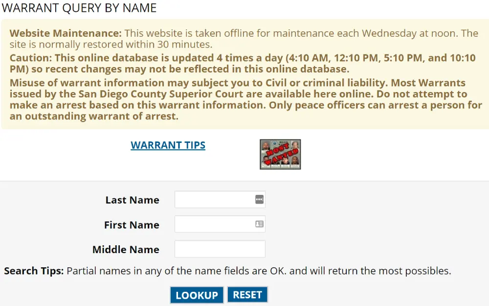 A screenshot from the San Diego County Sheriff’s Department detailing last name, first name, and middle name, accompanied by warnings about website maintenance and the proper use of the information provided.