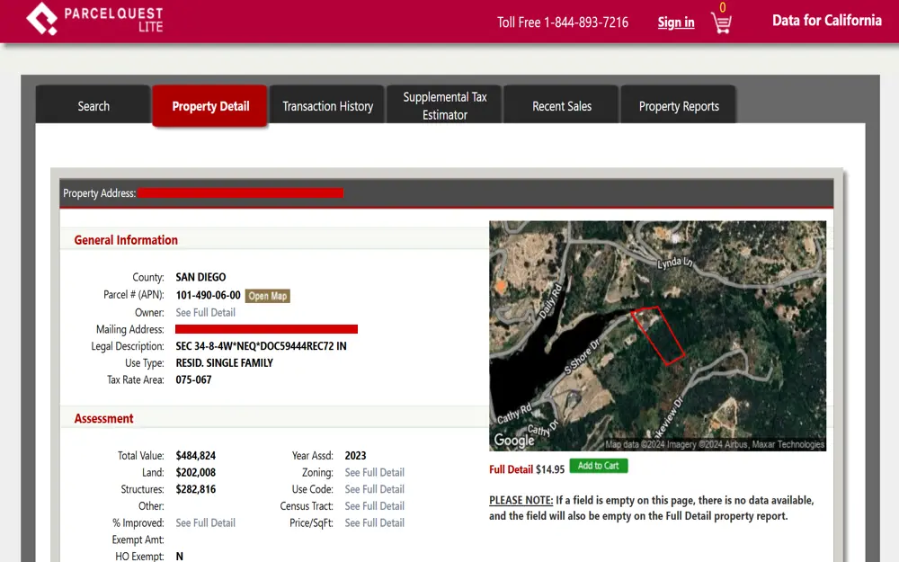 A screenshot that includes the property address, general information about the property, and its sale history; on the left side is a map that highlights the property's location with a red line.