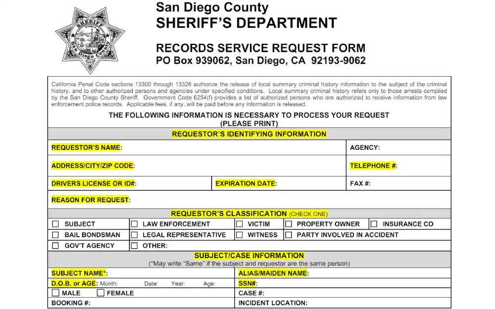 A screenshot from the San Diego County Sheriff’s Department features a requester's personal information, details about the subject or case, and checkboxes for the requester's classification, such as law enforcement, legal representative, or other specified roles.