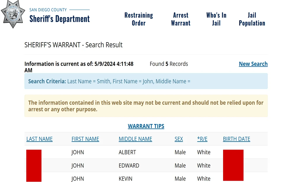 A screenshot showing the result of the warrant search on the San Diego Sheriff's Department page displays the offenders' details with their full name, sex, and birthdate.