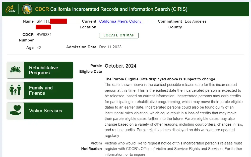 A screenshot of the inmate information from the California Department of Corrections and Rehabilitation website, including their name, CDCR number, age, admission date, commitment county, and current location.