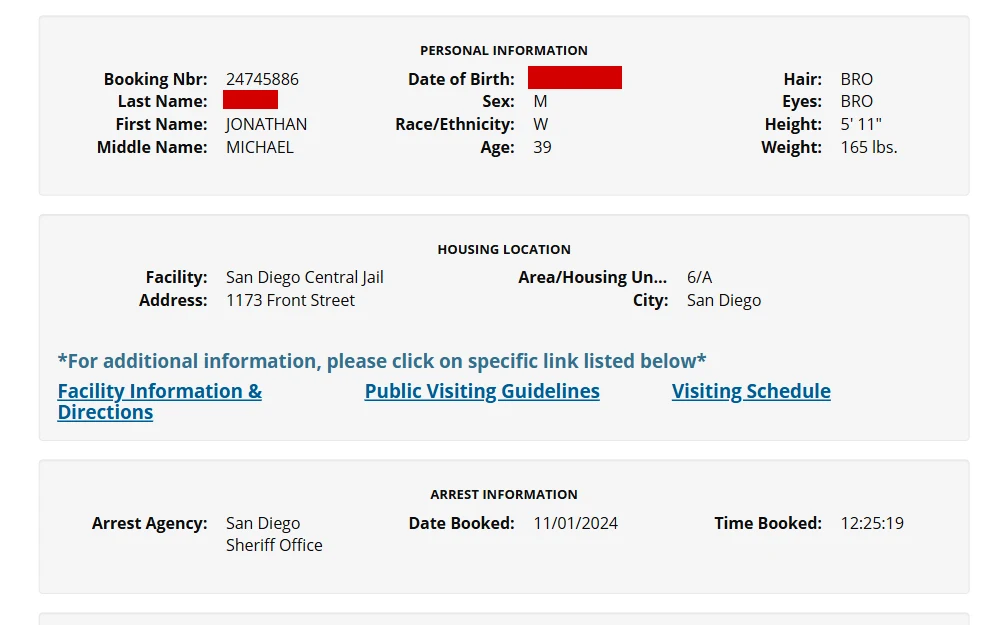 A screenshot of the inmate information for an inmate in San Diego County, California, including their personal details, housing location, arrest information, bail details, and case/charge(s).